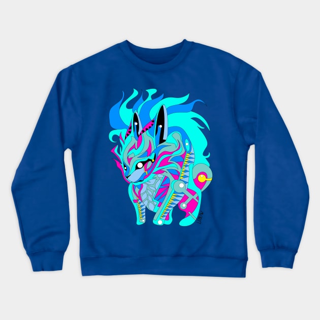 light blue rabbit kaiju in rainbow electric colors in mexican patterns Crewneck Sweatshirt by jorge_lebeau